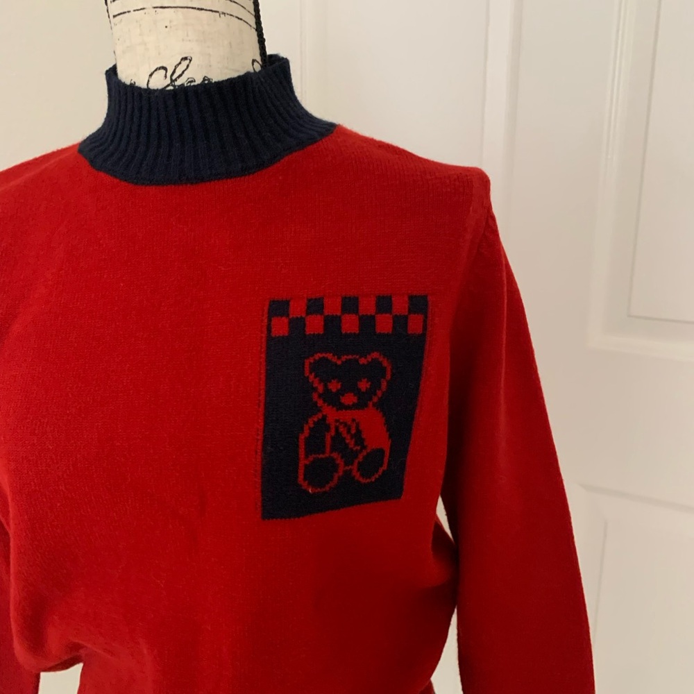 Vintage Red Black Teddy Bear Knit Pocket Mock Neck Sweater - Picture 2 of 2